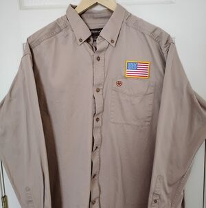 Ariat Taupe Long-Sleeve Button-Down Shirt with American Flag Patch